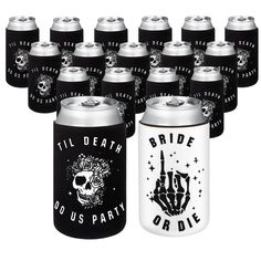 twelve black and white beer cans with skulls on them