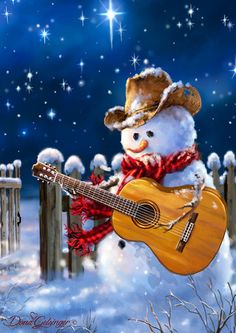 a snowman with a guitar in his hand