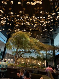 people sitting at tables in a restaurant under a tree with lights hanging from the ceiling