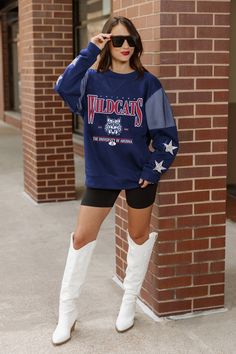 Turning heads won't be an issue with our long sleeve crewneck fleece with ribbed cuffs and waistband. Featuring contrasting jersey mesh upper arm inserts, rhinestud stars on the sleeves, and a 60% cotton and 40% polyester construction, this fashionably unique piece will have you standing out in the crowd. Georgia Southern Eagles, Butler Bulldogs, Nevada Wolf Pack, Pittsburgh Panthers, Georgetown Hoyas, Nfl Apparel, Byu Cougars, Jackson State, Georgia Tech Yellow Jackets