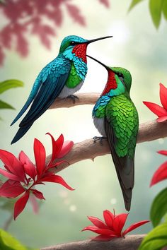 two hummingbirds sitting on a branch with red flowers