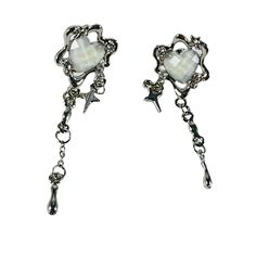 Dripping Goth Glam Silver-Tone Pierced Earrings With Opal Style Heartsall Of My Items Are Either One-Of-A-Kind, Vintage, Gently Worn Or Made In Very Limited Quantities, So If Something Catches Your Eye, Snap It Up Before Someone Else Does. White Metal Heart Earrings, Pierced, White Metal Pierced Heart Earrings, White Metal Heart Earrings, White Gothic Dangle Jewelry, Gothic White Dangle Jewelry, White Goth, Adornment Jewelry, Goth Glam, Goth Earrings