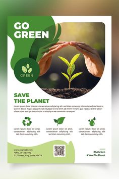 a green flyer with two hands holding a plant and the words go green on it