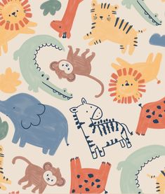 an animal themed wallpaper with zebras, giraffes and elephants