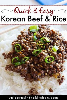 an easy ground beef recipe with rice and green onions on a white plate, ready to be eaten