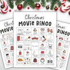 christmas movie bingo game with candy canes and ornaments