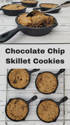 chocolate chip cookies baked in mini cast iron skillets Mini Skillet Cookie Cast Iron, Small Skillet Chocolate Chip Cookie, Skillet Chocolate Chip Cookie Cast Iron, Skillet Peanut Butter Chocolate Chip Cookie, Cast Iron Skillet Choc Chip Cookie, Skillet Chocolate Chip Cookie, Skillet Cookie, Delicious Cookie Recipes