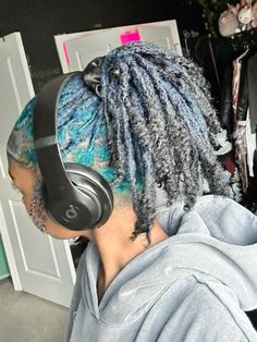 Loc Hair Color Ideas Brown Skin, Half Red Half Black Locs, Black And Blue Locs, Half Up Half Down Locs, Blue Locs Black Women, Colored Locs Black Women, Two Tone Locs