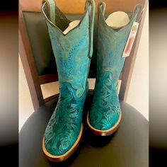 Tooled Leather Cowgirl Boots Round Toe Brand New Great Condition Super Comfy . Never Used Blue Snip Toe Boots For Rodeo, Blue Snip Toe Boots With Reinforced Heel, Turquoise Leather Western Boots, Blue Patina Boots With Round Toe, Blue Round Toe Boots With Patina, Blue Patina Round Toe Boots, Western Style Blue Boots With Reinforced Heel, Turquoise Leather Boots With Round Toe, Cowgirl Boots Round Toe