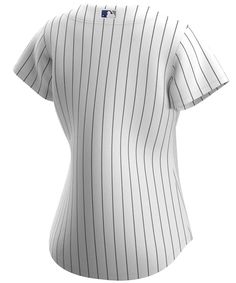 Women's New York Yankees Nike White Home Replica Team Jersey: This New York Yankees Women's Team jersey from Nike brings the team's official design to your wardrobe for a consistently spirited look on game day. The polyester material and slick New York Yankees graphics are just what any fan needs to look and feel their best. Material: 100% Polyester MLB Batterman applique on center back neck Short sleeve Full-button front Heat-sealed transfer applique Heat-sealed jock tag Rounded hem Machine was Team-colored Varsity Tops For Team Events, Sports Tops With Team Logo For Baseball Season, V-neck Tops For Sports Events In Team Colors, White Tops With Team Logo For Baseball Season, Casual Tops With Team Logo And Baseball Collar, Fitted Sports Fan Tops For Sports, Baseball Season Sports Top With Team Logo, Varsity Tops With Three Stripes For Baseball Season, Jersey Tops For Baseball Season Fan Gear