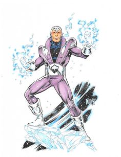 a drawing of a man in a purple suit and white helmet with his arms outstretched