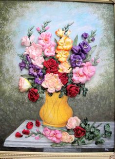 a painting of colorful flowers in a yellow vase on a white tablecloth with red, pink and purple flowers