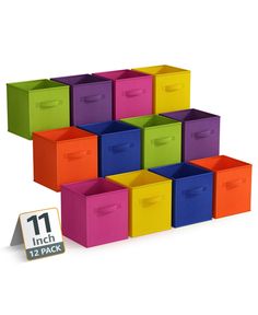 multicolored storage bins are stacked up on top of each other with the number 11 in front of them