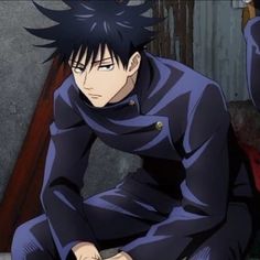 an anime character with black hair sitting down