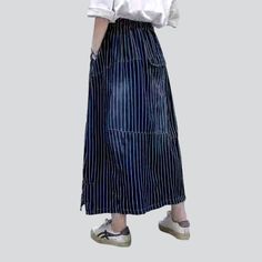 Be the envy of everyone in the 2023 Spring-Summer Collection with this stylish long denim skirt! With its distinctive vertical stripes and high-waisted fit. this skirt is sure to make a statement. Featuring a drawstrings closure. it's the perfect combination of comfort and flair. Whether you're headed to a music festival or a laid-back day out with friends. this skirt will become the crowning jewel of your outfit!Key Highlights: Street Style: This skirt is the perfect blend of contemporary fashi Striped Cotton Relaxed Skirt, Relaxed Striped Skirt For Spring, Striped Relaxed Fit Midi Skirt, Casual Striped Skirt, Striped Cotton Midi Skirt, High Waist Striped Summer Skirt, Striped Cotton Skirt For Summer, High Waist Striped Skirt For Summer, Summer Striped Cotton Skirt