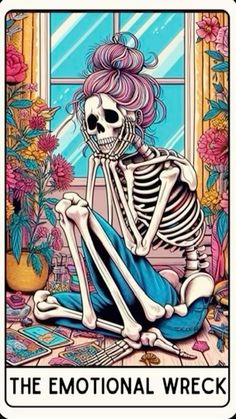 a skeleton sitting on the ground in front of a window with pink hair and blue pants