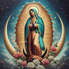 the virgin mary is surrounded by roses and stars