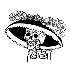 a skeleton wearing a mexican sombrero with flowers on it's brim