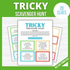 tricky scavenger hunt for kids with the words tricky on it and four different pictures