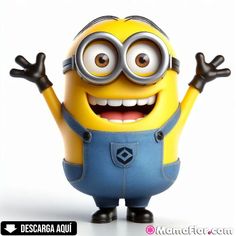 a yellow and blue minion with its arms in the air, wearing overalls