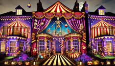 an elaborately decorated house with clowns on it