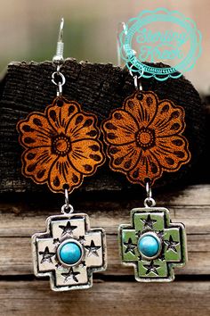 Texas Tooled Earrings are a 2" Dangle Tooled Flower and a Silver Cross with Turquoise Stone. The Earrings are super lightweight with a fish hook back. Turquoise Dangle Earrings With Flower Charm, Turquoise Dangle Flower Earrings With Ear Wire, Turquoise Dangle Flower Earrings, Turquoise Flower Earrings, Classy Cowgirl, Modern Cowgirl, Sore Eyes, Western Hats, Free Earrings