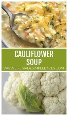 cauliflower soup in a white bowl with a spoon