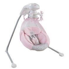 a baby swing that is pink and white