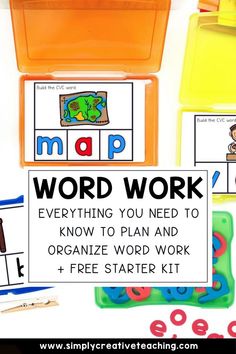 an orange plastic box with words and pictures on it that read word work everything you need to know how to organize word work