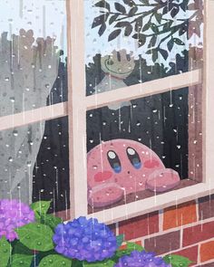 a painting of a pink pig sitting in the window sill next to purple flowers