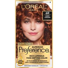 Preference’s Superior Fade-Defying Color & Shine system creates luminous, lit-from-within color, with natural-looking highs & lows, and beautiful gray coverage. With up to 8 weeks of fade-defying color, rich, long-lasting color shines from every strand and resists fading or turning brassy week after week. The kit also includes a color protective Color and Shine Conditioner formulated with Golden Camelina Oil, Anti-Oxidant Vitamin E and UV filter to help keep first day color vibrancy and silky, r Camelina Oil, Light Auburn, Bold Hair Color, At Home Hair Color, Hair Color Auburn, Gray Coverage, Creme Color, Natural Blondes, Auburn Hair