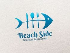 the beach side seafood restaurant logo is blue and has fish on it's tail