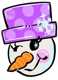 a snowman with a purple hat and carrot