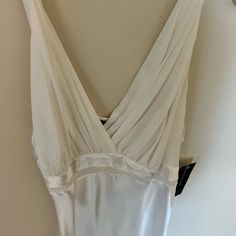 Rouched V Neck Adjustable Straps. Satin Bottom. Fitted V-neck Sleepwear For Wedding Night, White V-neck Night Dress, Fitted V-neck Sleepwear For Parties, Elegant Fitted V-neck Sleepwear, Spring Evening V-neck Sleepwear, V-neck Evening Sleepwear For Spring, Elegant Sleeveless Sleepwear For Evening, V-neck Spring Sleepwear, Elegant White Camisole Sleepwear