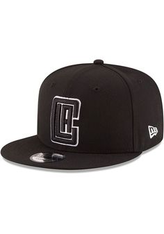 the new era snapback hat in black with white embroidery on the front and side