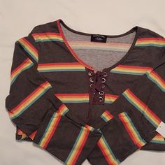 Urban Girls Blouse Long-Sleeved Medium Size Brand New With Tags Cute Striped Tops For Fall, Cute Multicolor Tops For Fall, Cute Multicolor Long Sleeve Blouse, Cute Striped Fall Tops, Trendy Brown Cotton Blouse, Urban Outfitters Casual Long Sleeve Blouse, Khaki Long Sleeve Urban Tops, Fitted Long Sleeve Blouse By Urban Outfitters, Multicolor Graphic Print Long Sleeve Top