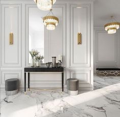 an elegant bathroom with marble flooring and white walls, chandeliers hanging from the ceiling