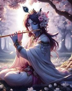 a girl playing flute in the woods with flowers on her head and an owl's tail