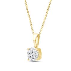 Complete any look in sparkling style with this effortless diamond pendant. Crafted in 14K yellow gold, this lab grown stud earrings showcases a scintillating 1ct  diamond solitaire. Polished to a bright shine, this pendant suspends along an extender cable chain that secures with a lobster clasp. Classic Yellow Gold Solitaire Necklace With Lab Grown Diamond, Yellow Gold Moissanite Solitaire Necklace With Prong Setting, Classic Yellow Gold Solitaire Necklace, Yellow Gold Solitaire Necklace With Lab-grown Diamond For Gift, Classic Gold Solitaire Necklace With Lab Grown Diamond, Gold Solitaire Necklace With Prong Set Lab Grown Diamond, Gold Solitaire Necklace With Round Lab Grown Diamond Pendant, Yellow Gold Solitaire Necklace With Lab-grown Diamond, Yellow Gold Solitaire Necklace With Lab Grown Diamond