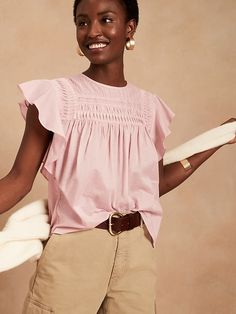 Pintuck Ruffle-Sleeve Top | Banana Republic Chic Flutter Sleeve Blouse For Spring, Summer Feminine Blouse With Flutter Sleeves, Feminine Summer Blouse With Flutter Sleeves, Feminine Flutter Sleeve Summer Blouse, Chic Spring Blouse With Flutter Sleeves, Feminine Spring Blouse With Butterfly Sleeves, Summer Feminine Blouse With Ruffle Sleeves, Feminine Summer Blouse With Ruffle Sleeves, Spring Tops With Pleated Sleeves For Day Out