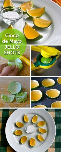 the process of making mango jello shots is shown in several different pictures, including lemon slices