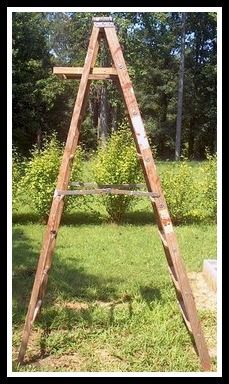 a wooden ladder sitting in the middle of a field