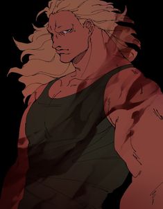 an anime character with blonde hair and black tank top, standing in front of a dark background