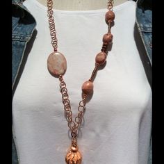 Copper Chain Necklace With Jasper Stone And Copper Beads. 30 Inches With A 4 Inch Drop. Wire Wrapped Long Beaded Necklaces For Jewelry Making, Wire Wrapped Long Beaded Necklace For Jewelry Making, Elegant Copper Dangle Necklaces, Copper Beaded Chain Jewelry Gift, Copper Beaded Chain Jewelry As Gift, Copper Beaded Chain Jewelry For Gifts, Adjustable Copper Beaded Chain Jewelry, Elegant Copper Necklaces With Round Beads, Elegant Copper Necklace With Round Beads