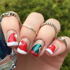 Santa Hat Nails, Diy Christmas Nail Art, Elf Hats, Nails Holiday, French Manicure Nails, Christmas Nail Art Designs, Red Nail Designs