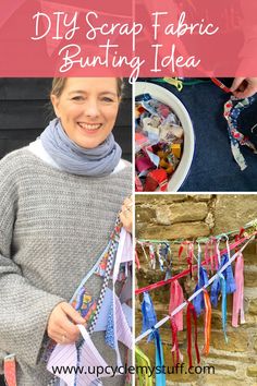 a collage of photos with the words diy scrap fabric bunting idea on it