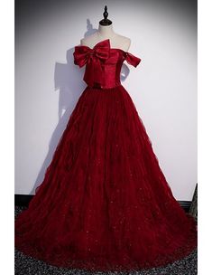 10% off now! Shop burgundy long tulle prom dress with puffed detailing off shoulder online. Sheprom offers formal, party, casual & more style dresses to fit your special occasions. Bow Prom Dress, Prom Dresses Flowy, Prom Dress Off Shoulder, Dresses Flowy, Dress Off Shoulder, Satin Corset, Ball Gowns Evening, Floor Length Skirt, Lace Bow