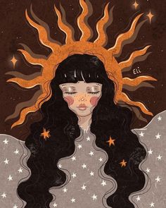 an illustration of a woman with long black hair and sun above her head, surrounded by stars