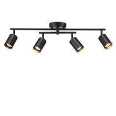 three spotlights are mounted on the ceiling in an industrial style lighting fixture with black finish