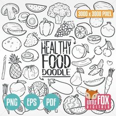 the healthy food doodle bundle includes fruits, vegetables and other things to draw on